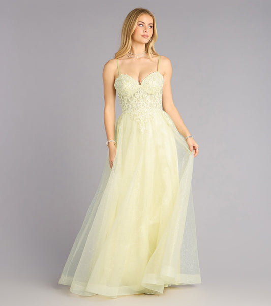 Glitter Tulle A-Line Sweetheart Spaghetti Strap Lace Applique Floor Length Evening Dress