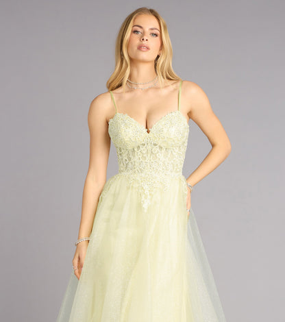 Sparkling Glitter Tulle A-Line Sweetheart Spaghetti Strap Lace Applique Floor Length Evening Gown