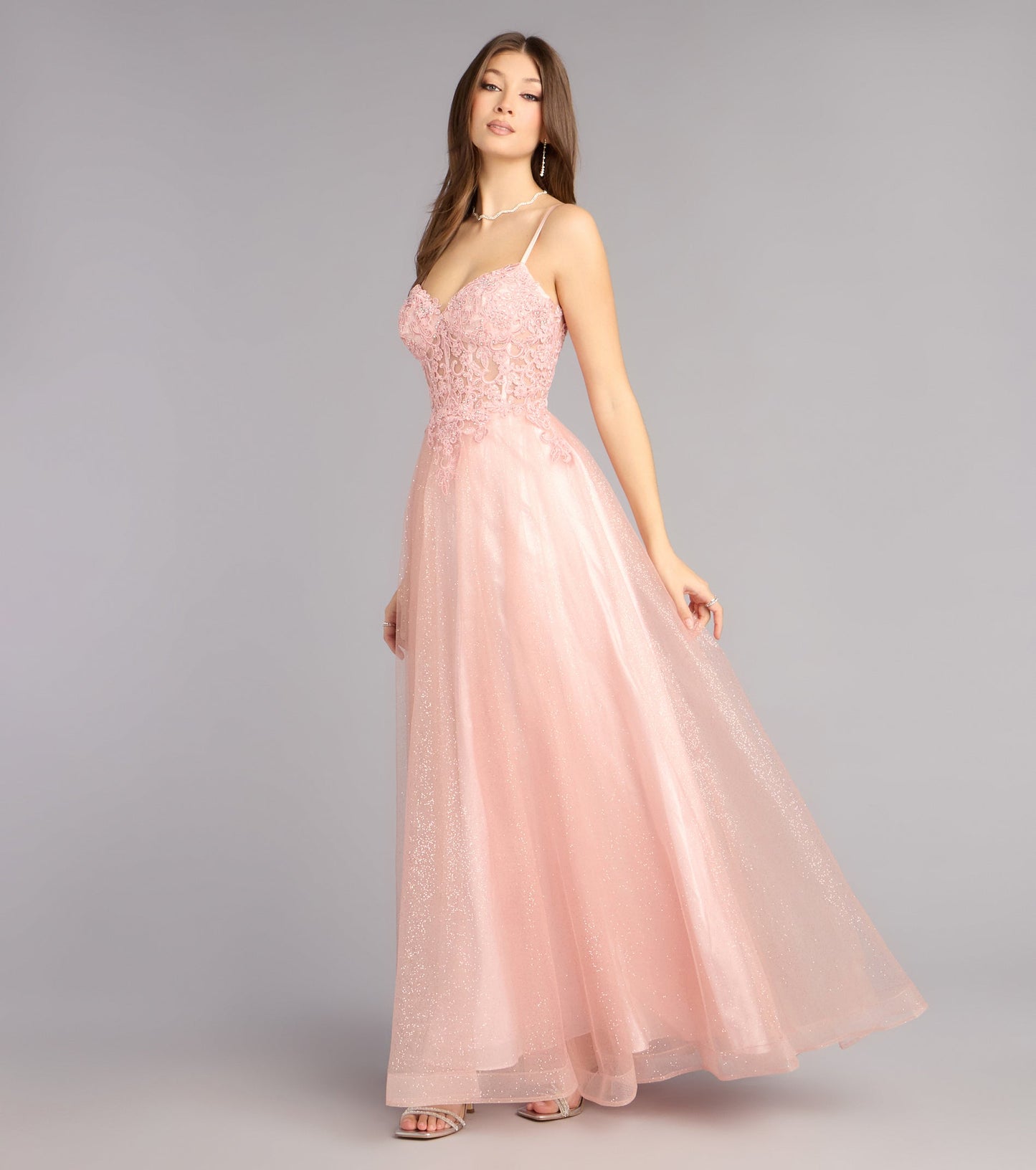 Sparkling Glitter Tulle A-Line Sweetheart Spaghetti Strap Lace Applique Floor Length Evening Gown