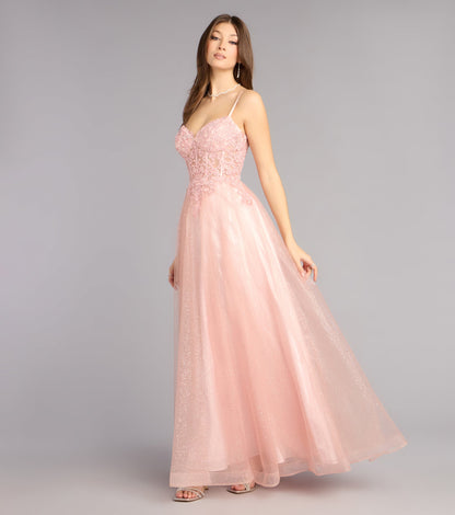 Sparkling Glitter Tulle A-Line Sweetheart Spaghetti Strap Lace Applique Floor Length Evening Gown
