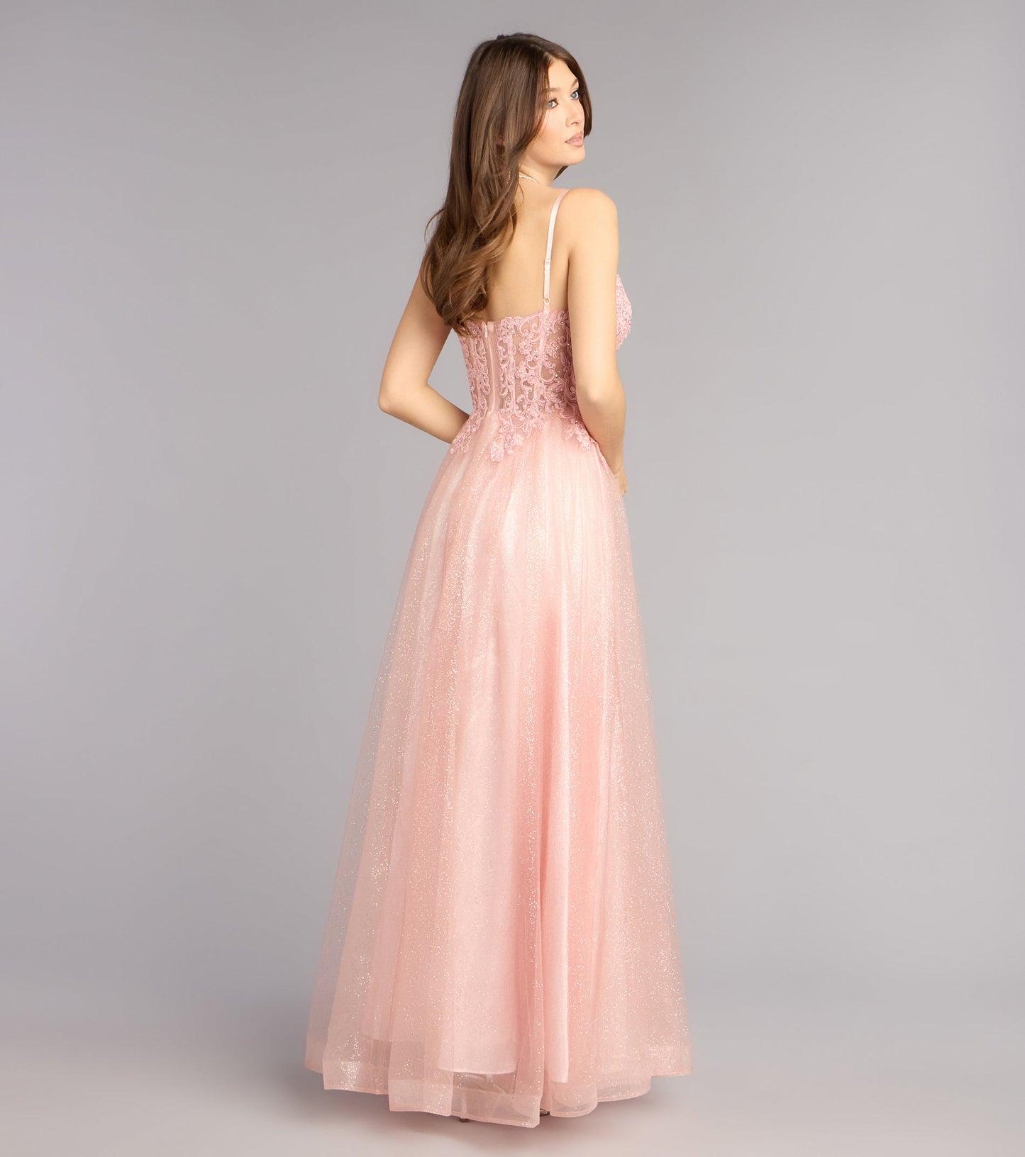 Sparkling Glitter Tulle A-Line Sweetheart Spaghetti Strap Lace Applique Floor Length Evening Gown