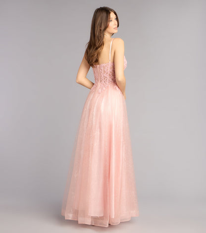Sparkling Glitter Tulle A-Line Sweetheart Spaghetti Strap Lace Applique Floor Length Evening Gown