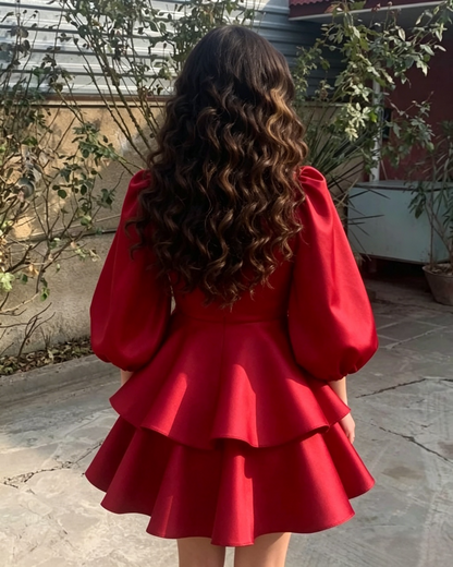 Gloss Satin Mini Fit Flare Square Neck Puff Balloon Sleeve Double Tier Ruffle Skirt Zipper Back Homecoming Dresses
