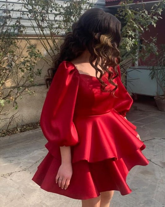 Gloss Satin Mini Fit Flare Square Neck Puff Balloon Sleeve Double Tier Ruffle Skirt Zipper Back Homecoming Dresses