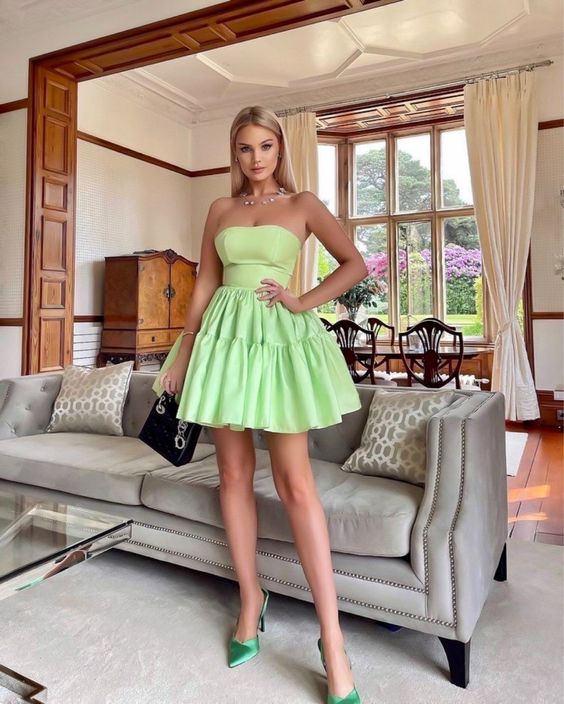 Gloss Satin Mini Fit Flare Strapless Sweetheart Tier Ruffle Skirt Lace Up Corset Back Short Homecoming Dresses