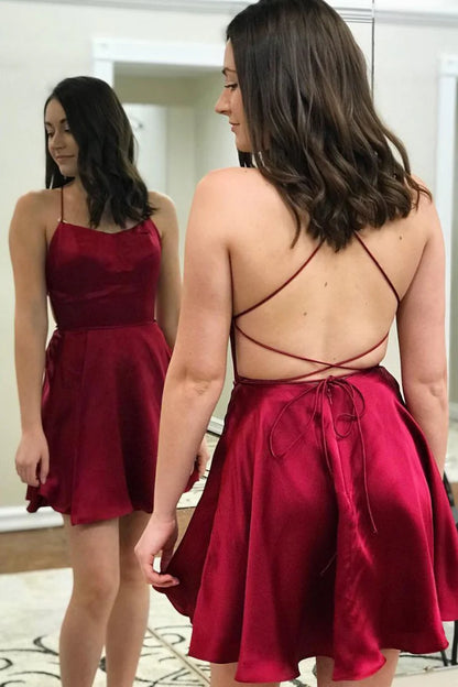 Glossy satin skater square neck spaghetti strap crisscross lace up open back short length formal homecoming dress