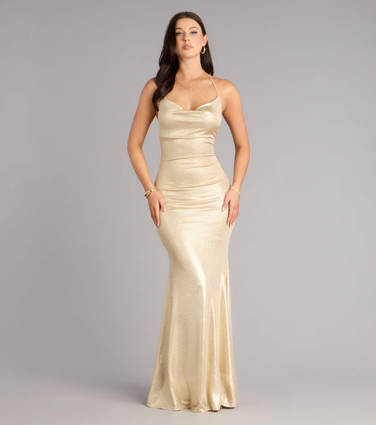 Gold Glitter Halter Cowl Neck Open Back Mermaid Floor Length Evening Dresses