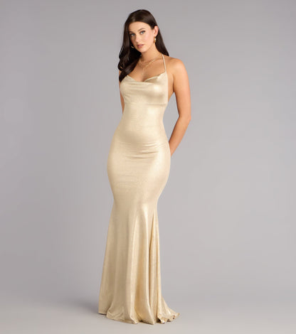 Glamorous Gold Glitter Mermaid Halter Cowl Neck Open Back Floor Length Evening Dress