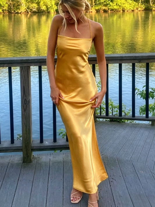 Gold Satin Square-Neck Crisscross Lace-Up-Back Mermaid Floor-Length Prom Dresses