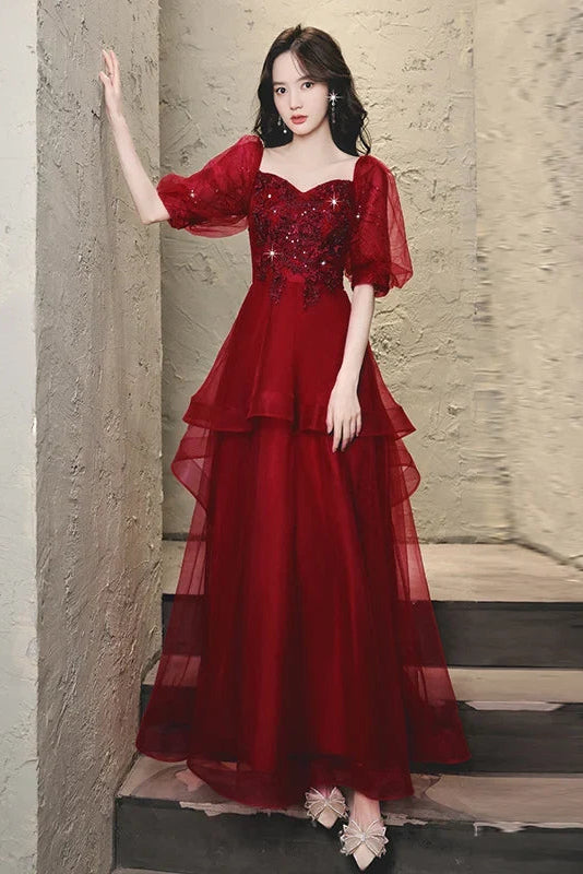Gorgeous A-Line Sweetheart Short-Sleeve Tiered Sequin Burgundy High-Low Evening Dresses Women