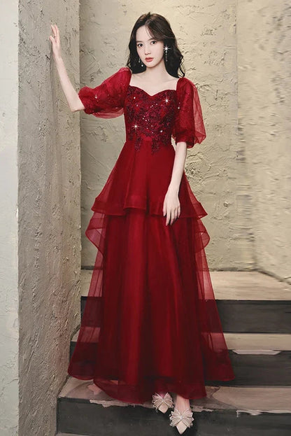 Gorgeous A-Line Sweetheart Short-Sleeve Tiered Sequin Burgundy High-Low Evening Dresses Women