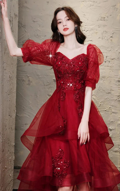 Gorgeous A-Line Sweetheart Short-Sleeve Tiered Sequin Burgundy High-Low Evening Dresses Women
