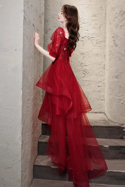 Gorgeous A-Line Sweetheart Short-Sleeve Tiered Sequin Burgundy High-Low Evening Dresses Women