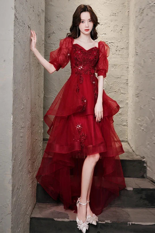 Gorgeous A-Line Sweetheart Short-Sleeve Tiered Sequin Burgundy High-Low Evening Dresses Women