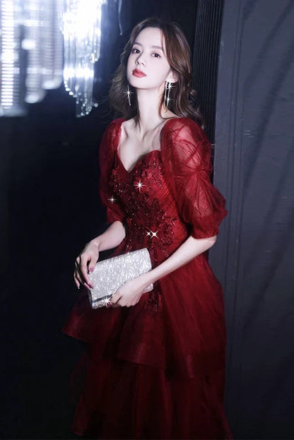Gorgeous A-Line Sweetheart Short-Sleeve Tiered Sequin Burgundy High-Low Evening Dresses Women