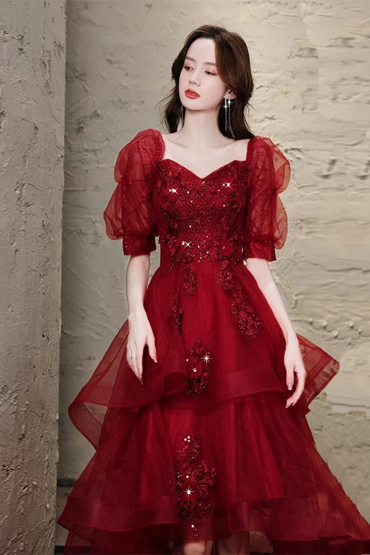 Gorgeous A-Line Sweetheart Short-Sleeve Tiered Sequin Burgundy High-Low Evening Dresses Women