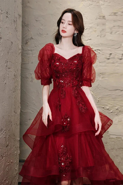 Gorgeous A-Line Sweetheart Short-Sleeve Tiered Sequin Burgundy High-Low Evening Dresses Women
