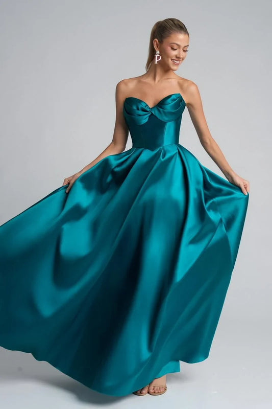 Gorgeous A-Line Sweetheart Strapless Pleated Bustier Emerald Long Prom Dresses Gown