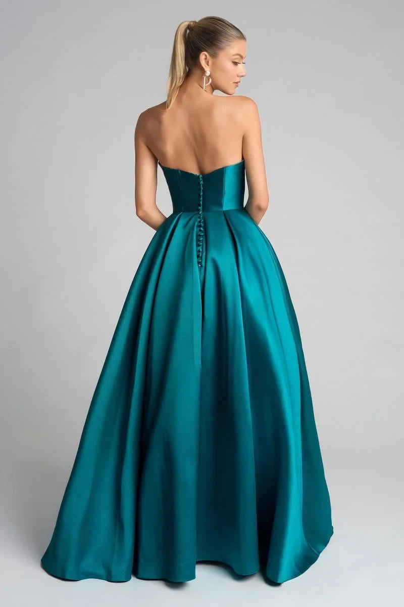 Gorgeous A-Line Sweetheart Strapless Pleated Bustier Emerald Long Prom Dresses Gown