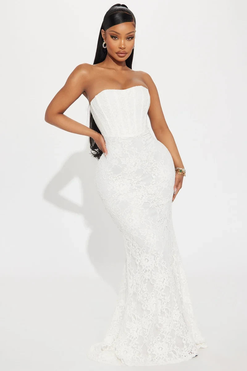 Gorgeous Mermaid Strapless Sleeveless Corset Fitted White Maxi Evening Dresses Women