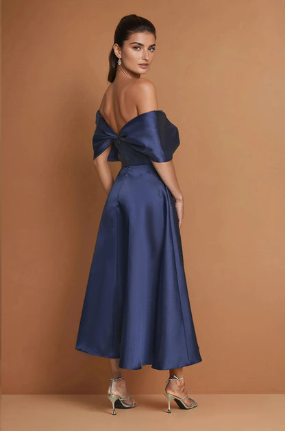 Gorgeous satin mermaid off shoulder sleeveless open back floor length evening dress with ruched bodice