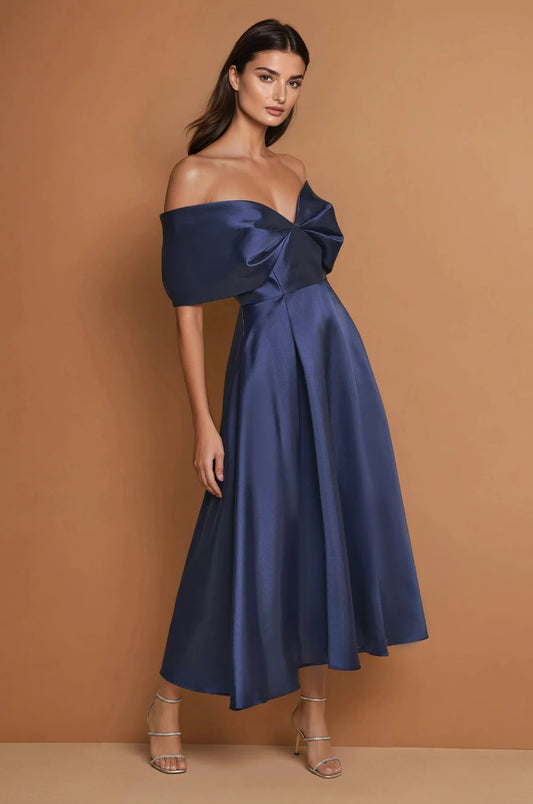 Gorgeous satin mermaid off shoulder sleeveless open back floor length evening dress with ruched bodice