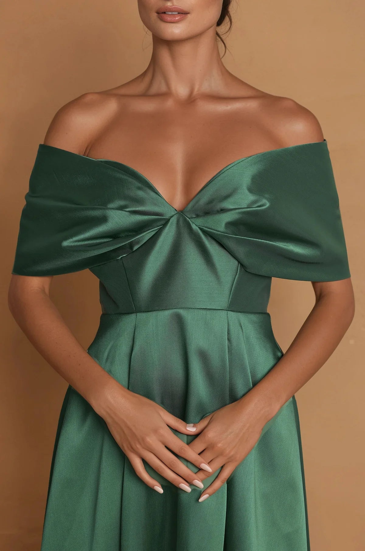 Gorgeous satin mermaid off shoulder sleeveless open back floor length evening dress with ruched bodice