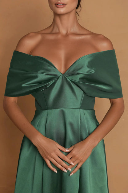 Gorgeous satin mermaid off shoulder sleeveless open back floor length evening dress with ruched bodice
