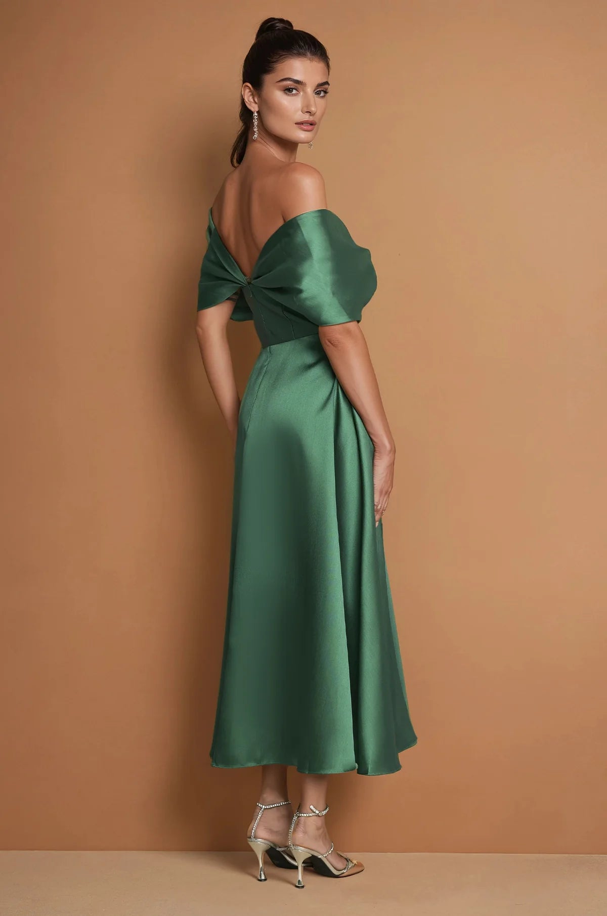Gorgeous satin mermaid off shoulder sleeveless open back floor length evening dress with ruched bodice