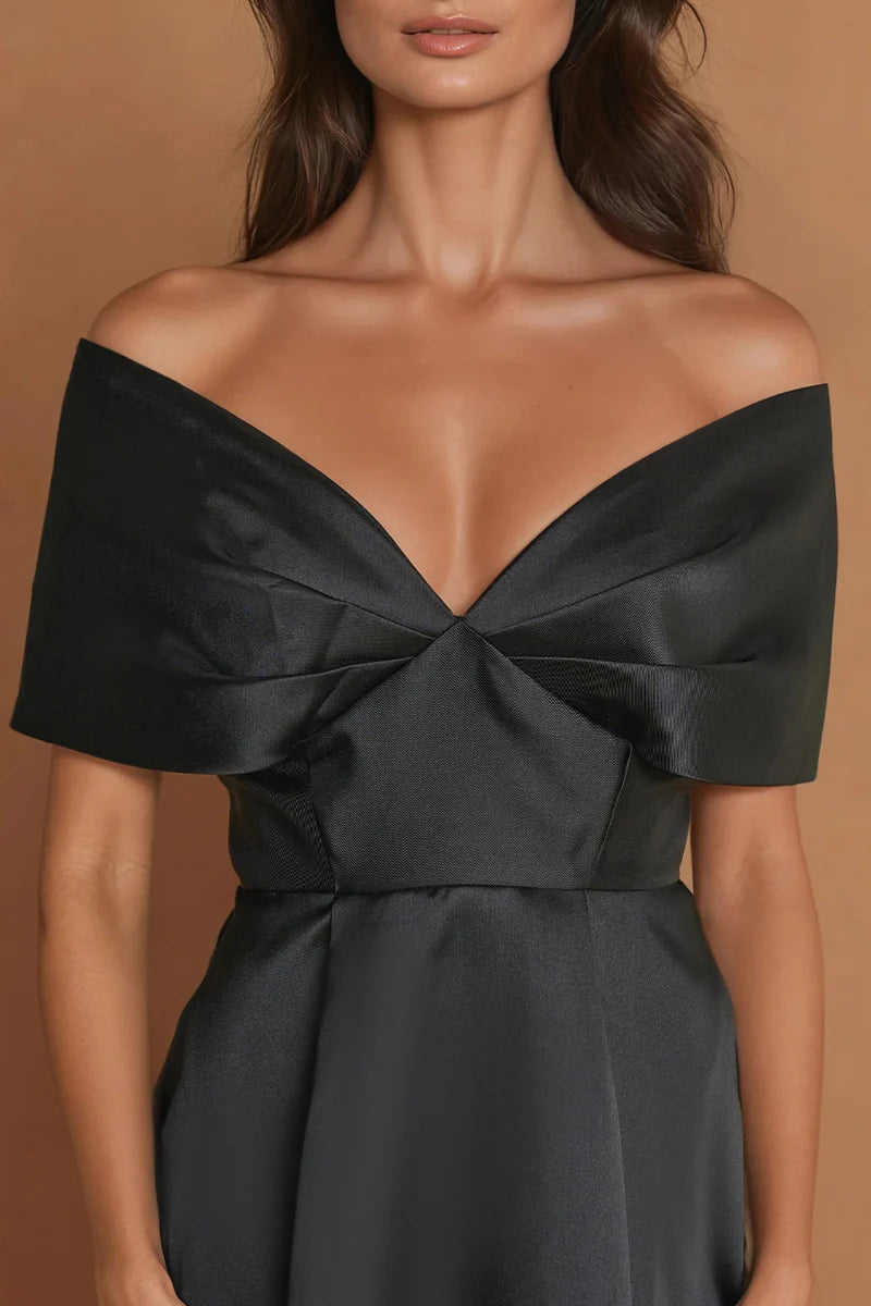 Gorgeous satin mermaid off shoulder sleeveless open back floor length evening dress with ruched bodice