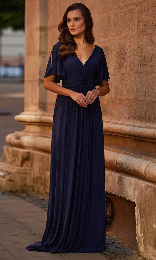 Graceful flowy chiffon A-line V-neck flutter sleeve floor length mother of bride dress.