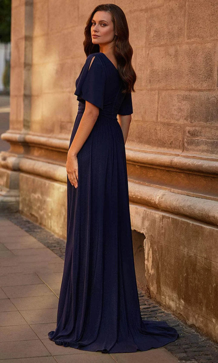 Back view of the elegant chiffon A-line flutter sleeve dress.