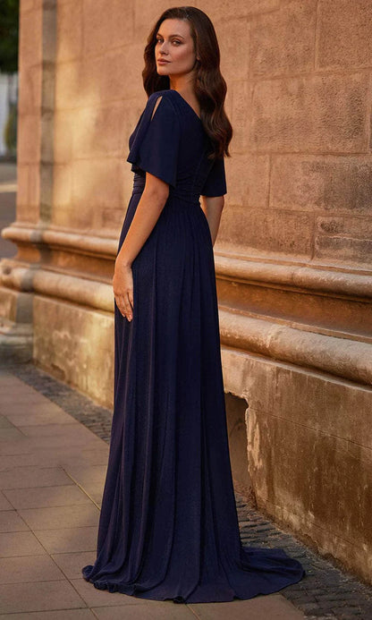 Back view of the elegant chiffon A-line flutter sleeve dress.