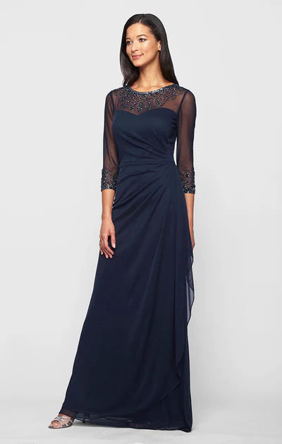 Graceful A-Line Ruched Illusion Beaded Three Quarter Sleeve Zip Back Chiffon Maxi Mother Of The Bride Dress
