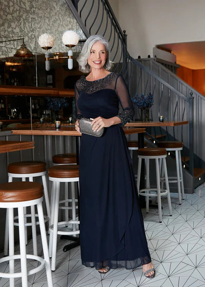 Graceful A-Line Ruched Illusion Beaded Three Quarter Sleeve Zip Back Chiffon Maxi Mother Of The Bride Dress