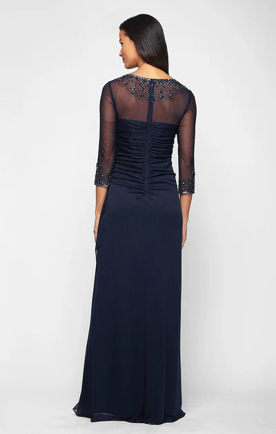 Graceful A-Line Ruched Illusion Beaded Three Quarter Sleeve Zip Back Chiffon Maxi Mother Of The Bride Dress