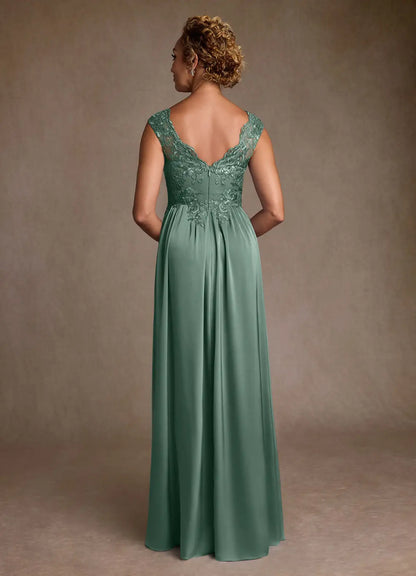 Graceful A-Line V-Neck Cap Sleeve Lace Floor Length Mother of the Bride Dress