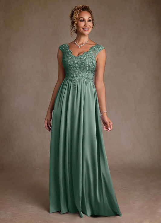 Graceful A-Line V-Neck Cap Sleeve Lace Floor Length Mother of the Bride Dress