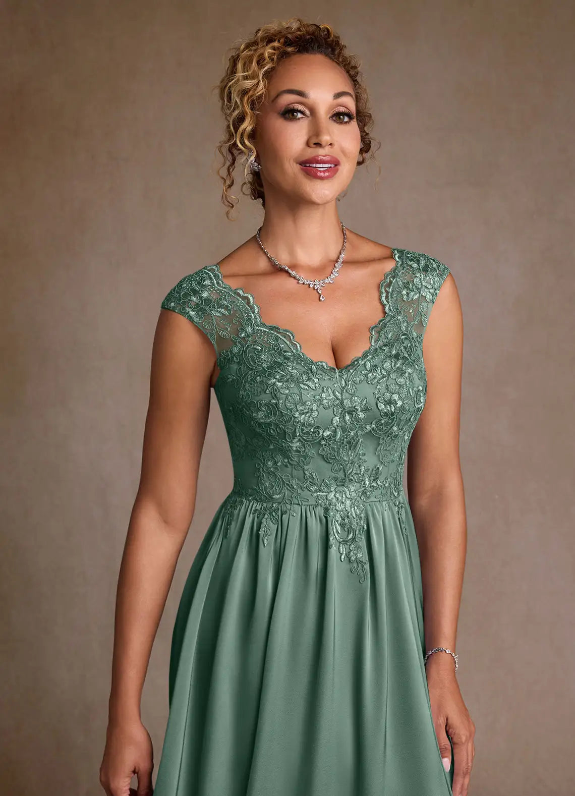 Graceful A-Line V-Neck Cap Sleeve Lace Floor Length Mother of the Bride Dress