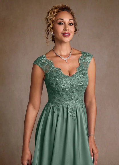 Graceful A-Line V-Neck Cap Sleeve Lace Floor Length Mother of the Bride Dress