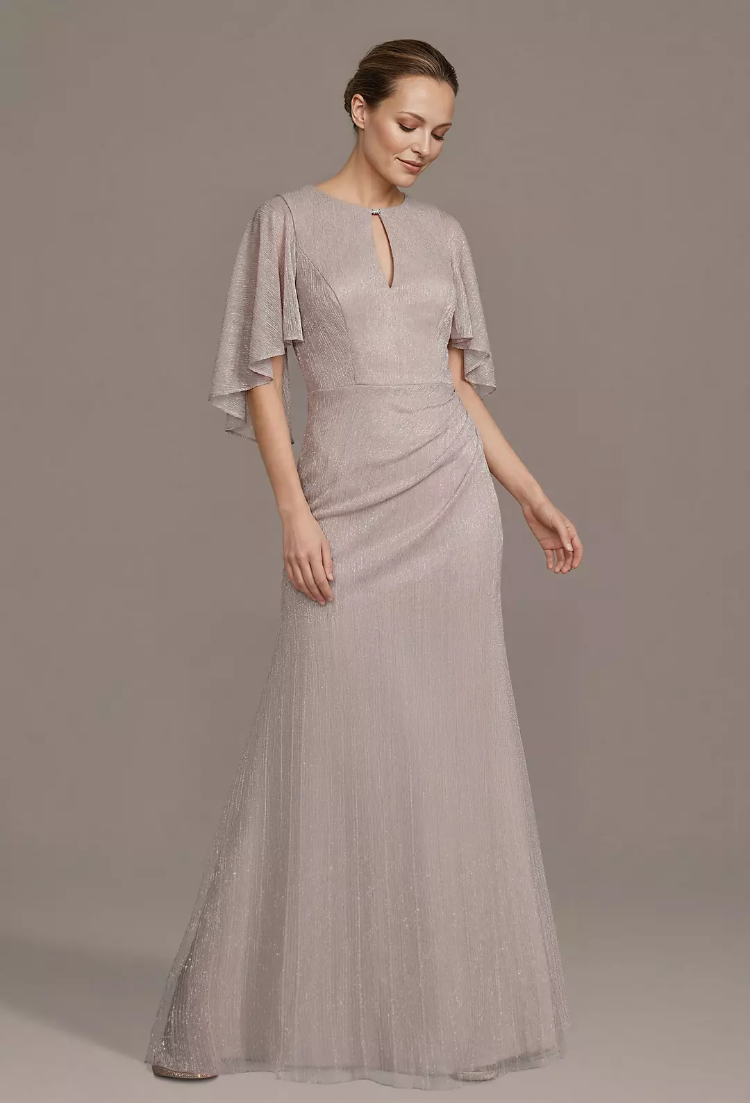 Graceful Round Neck Mother of the Bride Dress with Sheer Cape Sleeve and Shimmering Fabric