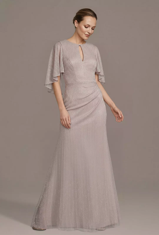 Graceful Round Neck Mother of the Bride Dress with Sheer Cape Sleeve and Shimmering Fabric