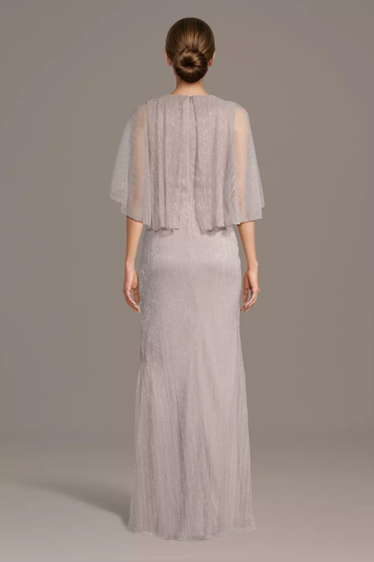 Graceful Round Neck Mother of the Bride Dress with Sheer Cape Sleeve and Shimmering Fabric