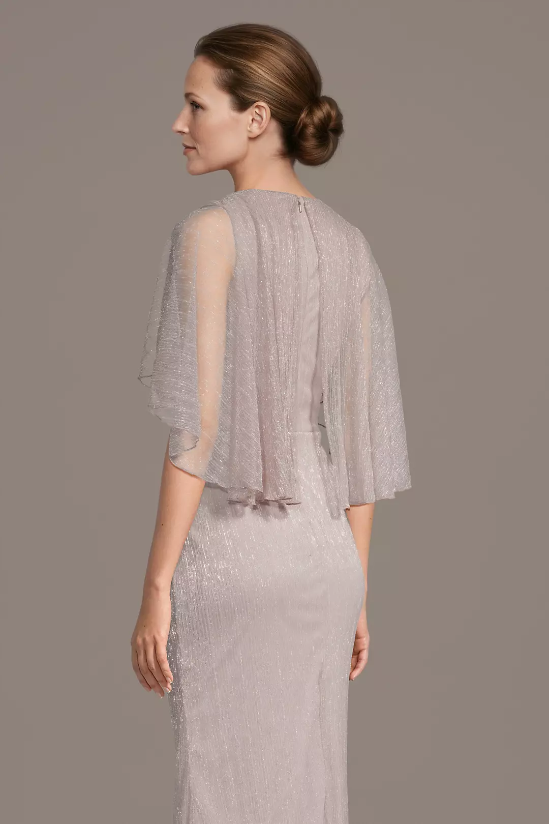 Graceful Round Neck Mother of the Bride Dress with Sheer Cape Sleeve and Shimmering Fabric