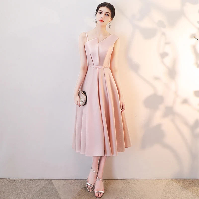 Graceful A-Line Asymmetrical Sleeveless Pleated Corset Pink Midi Evening Dresses Women
