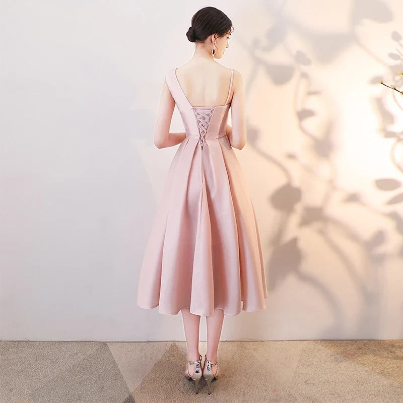 Graceful A-Line Asymmetrical Sleeveless Pleated Corset Pink Midi Evening Dresses Women