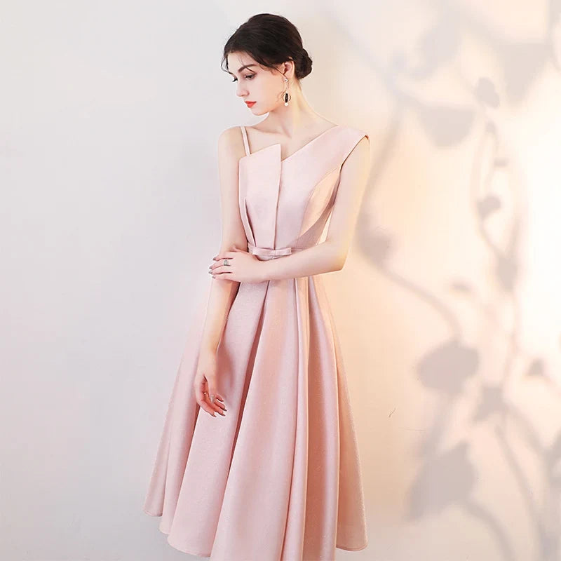 Graceful A-Line Asymmetrical Sleeveless Pleated Corset Pink Midi Evening Dresses Women