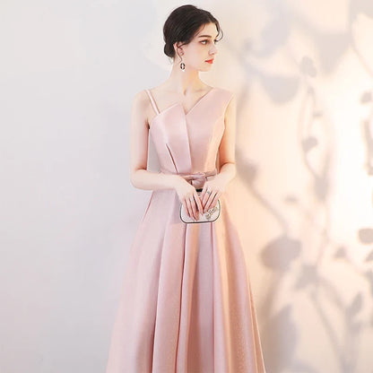 Graceful A-Line Asymmetrical Sleeveless Pleated Corset Pink Midi Evening Dresses Women