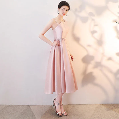 Graceful A-Line Asymmetrical Sleeveless Pleated Corset Pink Midi Evening Dresses Women