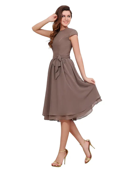 Graceful Chiffon A-Line Boat Neck Cap Sleeve Button Back Knee-Length Mother of the Bride Dresses